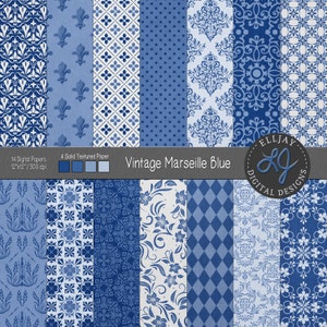 Paquete de papel digital azul Marsella vintage. Papel texturizado. Patrones vintage azul francés. Damasco, patrones florales. Papeles de boda vintage.