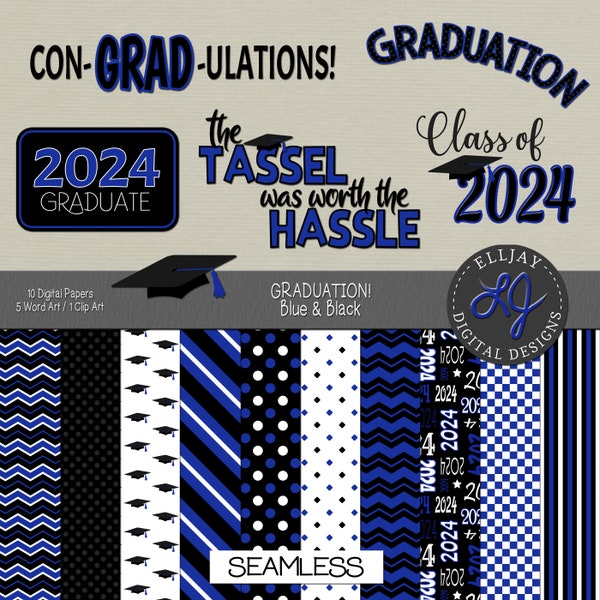 Blue & black 2024 graduation digital paper. Class of 2024. Scrapbooks, cards, invitations, announcements, decor. 2023 Graduation. Commercial