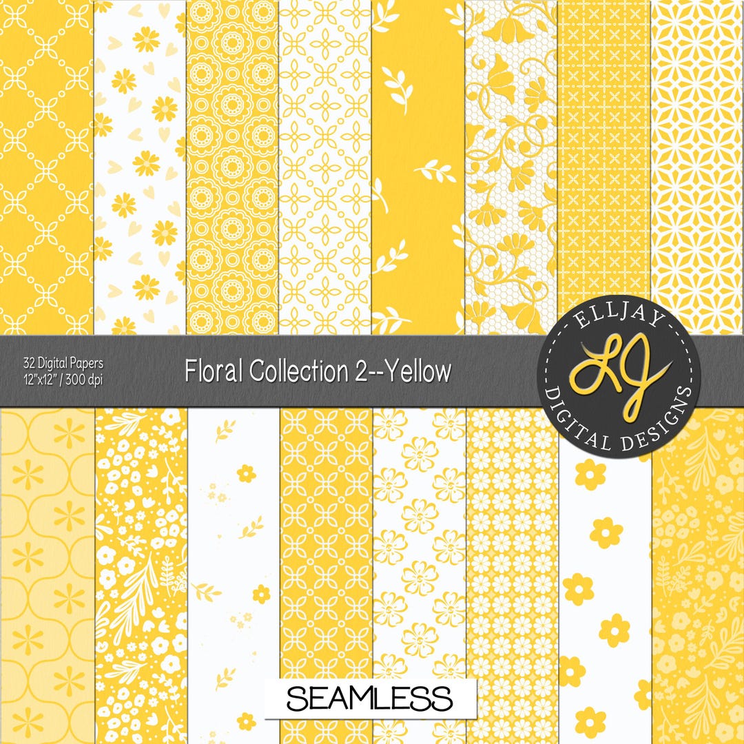 Yellow Floral Digital Paper Pack: Seamless Scrapbook Patterns (12"x12 ...