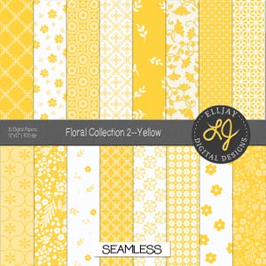Yellow & white floral digital paper pack. 32 Yellow white patterns. Floral backgrounds. Seamless floral scrapbook. Instant download.