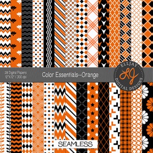 Pack de papier numérique orange et noir. Arrière-plans Halloween sans couture, scrapbooking, fabrication de cartes, travaux manuels. Rayures étoiles à chevrons. Utilisation commerciale