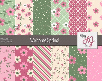 Floral Digital Paper Pack: Sage Green & Pink Seamless Patterns (Digital Download)