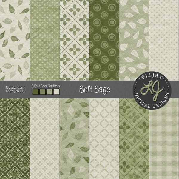 Soft Sage Digital Paper Kit. Handmade paper textured digital paper. Sage patterns--leaves, floral, gingham, polka dot. Wedding background.