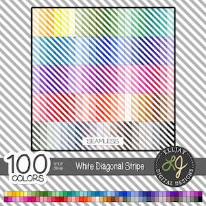 White diagonal stripes digital paper pack. 100 rainbow colors. Printable scrapbook and craft paper. Digital backgrounds. Seamless patterns.