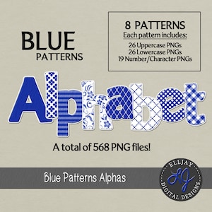 Blue patterns digital alphabets. Individual files PNG alpha transparent background. Blue font clipart. Instant download. Commercial use.