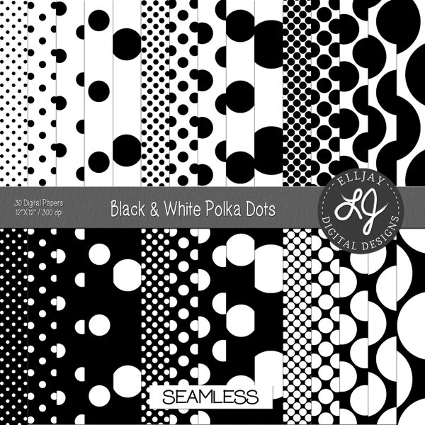 Black & white polka dot digital paper. Polka dot digital patterns. Seamless scrapbook paper for crafts, cards. Instant download. Commercial.