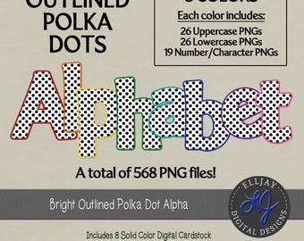 Polka Dot Alphabet PNG: Bright Outlined Letters, Numbers (Digital Download)