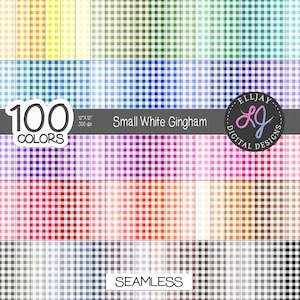 May include: A digital collection of 100 colors of small white gingham patterns. The image features a grid of various checkered designs, a dark horizontal band with the text 100 COLORS, 12x12, 300 dpi, Small White Gingham, SEAMLESS, and a logo.