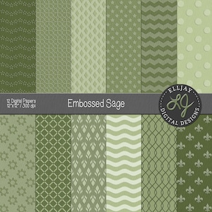 Embossed sage digital paper with cardstock texture.  Weddings, scrapbooks, crafts, cards. Embossed polka dot, chevron, stars. Commercial use