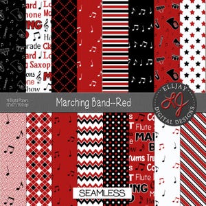 Digitale papieren verpakking digitale marchingband. Plakboek naadloos band. Muzieknoten, instrumenten, kleurbescherming, woordkunstpatroon. Commercieel gebruik