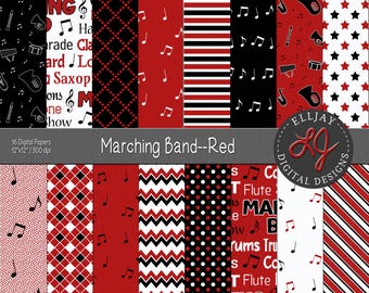Red marching band digital paper pack. Seamless band scrapbook paper. Music notes, instruments, color guard, word art pattern. Commercial use