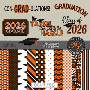 Op de afbeelding: Een digitale designset met elementen met een afstudeerthema in oranje en bruin. Het ontwerp bevat tekst met de tekst "CON-GRAD-ULATIONS!" en "Class of 2026". Er zijn ook verschillende naadloze patronen en clip art.