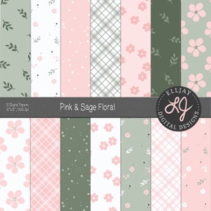 Pink & sage floral digital paper pack. Pink patterns. Sage patterns. Floral scrapbook paper pack. Pink and sage wedding. Commercial use.
