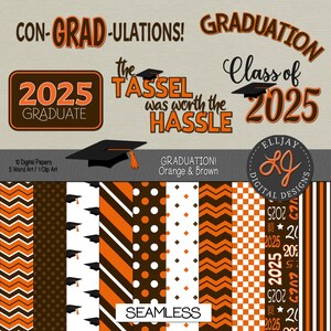 2025 Orange und Braun Graduierung digitales Papier mit Abschlusswortkunst. Super für Ankündigungen, Einladungen, Dekorationen, etc. 2023 & 2024