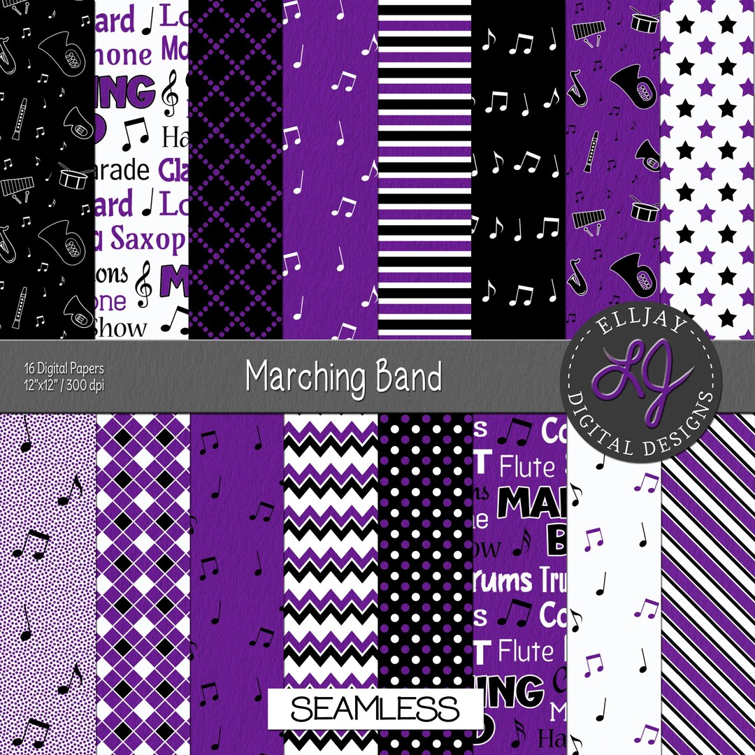 Purple Marching Band Digital Paper Pack: Music Notes, Instruments ...