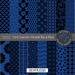 Pack de papier numérique floral bleu Marseille et noir. 32 motifs floraux bleu de Marseille. Papier bleu français. Papier transparent. Couleur de mariage 2024.