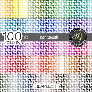 May include: A digital design showcasing 100 houndstooth patterns in various colors. The image includes text that reads "100 COLORS", "Houndstooth", and "SEAMLESS". Each pattern is 12" x 12" at 300 dpi.