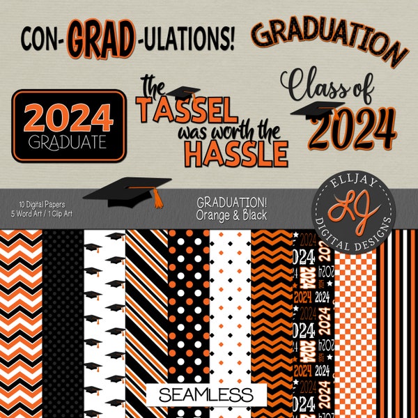 Orange and Black 2024 Graduation digital paper pack. Class of 2024. Scrapbooks, cards, announcements, invites, party decor. 2023 graduation.