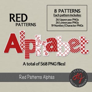May include: Red patterned alphabet letters with 8 different patterns. Each pattern includes 26 uppercase letters, 26 lowercase letters, and 19 numbers and symbols. A total of 568 PNG files. Red Patterns Alphas.