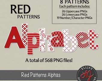 Red patterns digital alphabets. Individual files PNG alpha with transparent background. Red alpha clipart. Instant download. Commercial use.