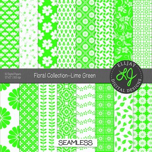 Lime Green Floral Digital Paper Pack: 32 Seamless Scrapbook Backgrounds (Instant Download)