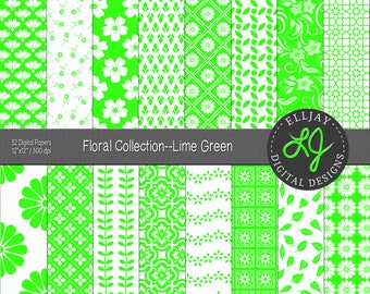Lime Green Floral Digital Paper Pack: 32 Seamless Scrapbook Backgrounds (Instant Download)