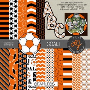 May include: A digital scrapbooking kit featuring soccer-themed patterns in orange, black, and white. Includes 15 digital papers, a soccer ball alphabet, and soccer ball clipart. Text includes "Includes PSD (Photoshop) scrapbooking template, soccer ball alpha (individual PNG files), and soccer ball clipart (PNG).", "15 Digital Papers 12"X12" / 300 dpi", "GOAL!", "ELLJAY DIGITAL DESIGNS", and "SEAMLESS".
