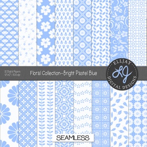 Pastel blue floral digital paper pack. 32 light blue patterns.  Pastel blue floral backgrounds. Seamless floral scrapbook. Instant download.