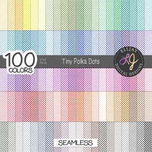 May include: A digital paper set with 100 colours of tiny polka dots. The image shows a variety of colours, from pastels to vibrant hues, arranged in a grid pattern. The text "Tiny Polka Dots" and "100 Colors" are displayed.