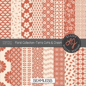 Puede incluir: Colección de 32 papeles digitales con diversos patrones florales y geométricos en colores terracota y crema. Los diseños incluyen flores, hojas y formas geométricas. El texto "Floral Collection--Terra Cotta & Cream" es visible. Los papeles miden 30,48 cm x 30,48 cm.