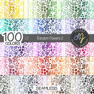 Random flowers digital paper pack. 100 colors. Seamless floral backgrounds. Card & Scrapbook Paper. Instant Download. Commercial use.