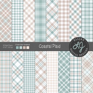 May include: Set of 16 digital papers featuring a coastal plaid pattern in shades of blue, beige, and white. The papers are 12 inches by 12 inches and 300 dpi.  The text "Coastal Plaid" is displayed in the center of the image.
