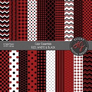 Kit de papier numérique rouge, blanc et noir pour le scrapbooking, la fabrication de cartes et le bricolage. Comprend une belle variété de motifs. Utilisation commerciale.