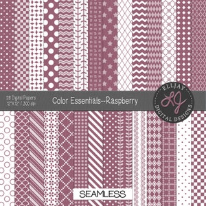May include: A collection of 28 digital papers in raspberry and white, each with a unique pattern. The papers are 12" x 12" and 300 dpi. The design includes polka dots, stripes, and geometric shapes. The text reads "Color Essentials--Raspberry" and "SEAMLESS".