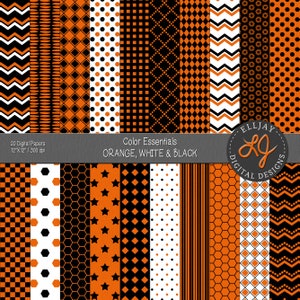 Könnte beinhalten: Zwanzig digitale Papiere in Orange, Weiß und Schwarz mit verschiedenen geometrischen Mustern, darunter Punkte, Sterne, Sechsecke und Zickzackmuster. Die Papiere sind 30,5 cm x 30,5 cm groß und haben eine Auflösung von 300 dpi.