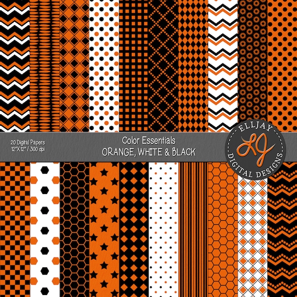 Black, white and orange digital paper pack. For backgrounds, scrapbooking, card making, crafts, etc. Chevron, polka dot, checkerboard.