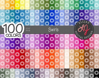 Swirls digital paper pack. 100 rainbow colors. Digital backgrounds. Seamless patterns. Printable scrapbook and craft paper. Commercial use.