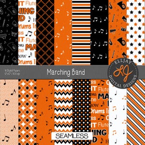 May include: 16 digital papers featuring marching band themed patterns in black, white, and orange. The patterns include musical notes, stars, stripes, polka dots, and chevron designs. The text "Marching Band" and "Seamless" are also included.