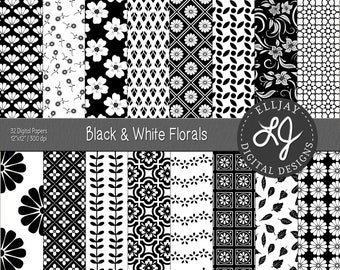 Black & white floral digital paper pack. 32 Black and white patterns. Floral backgrounds. Seamless floral scrapbook paper. Instant download.
