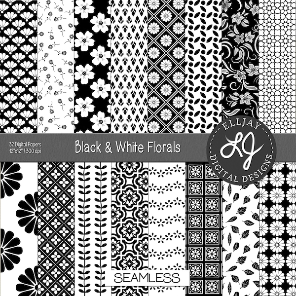 Black & white floral digital paper pack. 32 Black and white patterns. Floral backgrounds. Seamless floral scrapbook paper. Instant download.