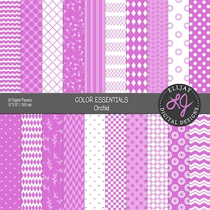 Seamless Orchid Purple Pink Digital Paper Pack. Includes polka dots, floral, and geometric patterns. For scrapbooking, crafts, weddings.