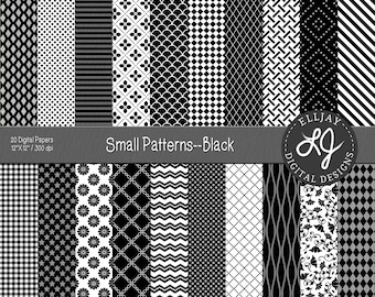 May include: A collection of 20 digital papers featuring various black and white small patterns. The designs include stripes, dots, floral, geometric shapes, and more. The text on the image reads "Small Patterns--Black" and "SEAMLESS". Each paper is 12" x 12" at 300 dpi.