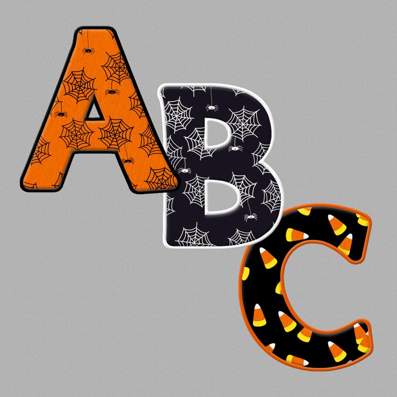 Halloween Digital Alphabets. PNG Alpha. Spiders Alpha. Candy Corn Alpha
