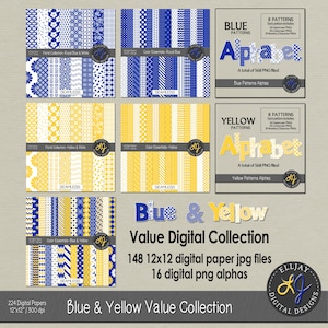Blue yellow digital paper & PNG alpha value pack. Scrapbook bundle. Seamless patterns. Colored backgrounds. Printable paper. Commercial use.
