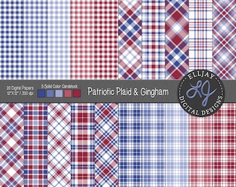 Zestaw wzorów bezszwowej kratki patriotycznej i gingham: czerwony, biały, niebieski papier cyfrowy (do pobrania w wersji cyfrowej)