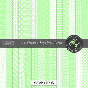 Puede incluir: Un conjunto de 28 papeles digitales de color verde claro con varios patrones blancos. Los papeles miden 30,48 cm por 30,48 cm y 300 dpi. El texto "Color Essentials--Bright Pastel Green" y "SEAMLESS" está incluido en la imagen.