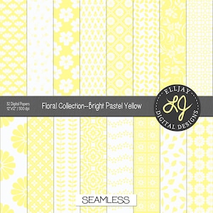 Pastel yellow floral digital paper pack. 32 yellow patterns.  Pastel yellow floral backgrounds. Seamless floral scrapbook. Instant download.