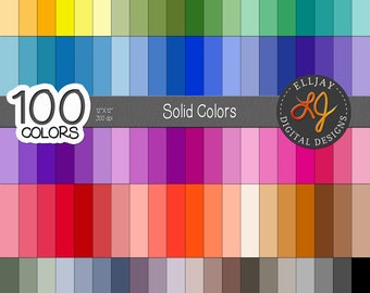 100 solid digital papers in 100 rainbow colors. Bright, pastel, neutral backgrounds. Printable scrapbook and craft paper.