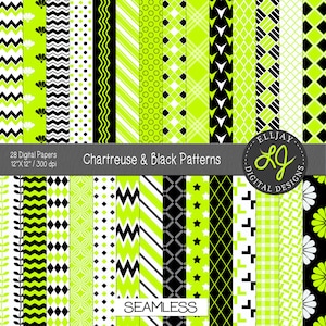 Chartreuse  black digital paper pack. Seamless backgrounds, scrapbooking, card making, crafts. Chevron, stars, stripes. Commercial use.