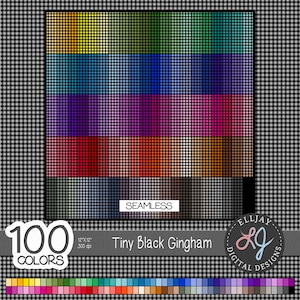 Tiny black gingham patterned digital paper pack. 100 colors. Small patterns for card making. Seamless backgrounds. Buffalo plaid paper.